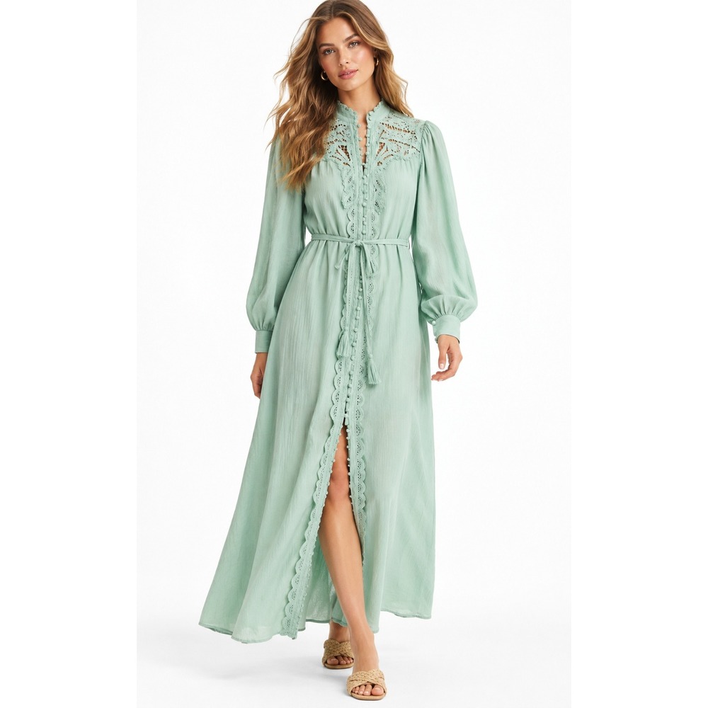 HM Mint Green Cotton Gauze Lace Crochet Button Front Maxi Dress XS NEW